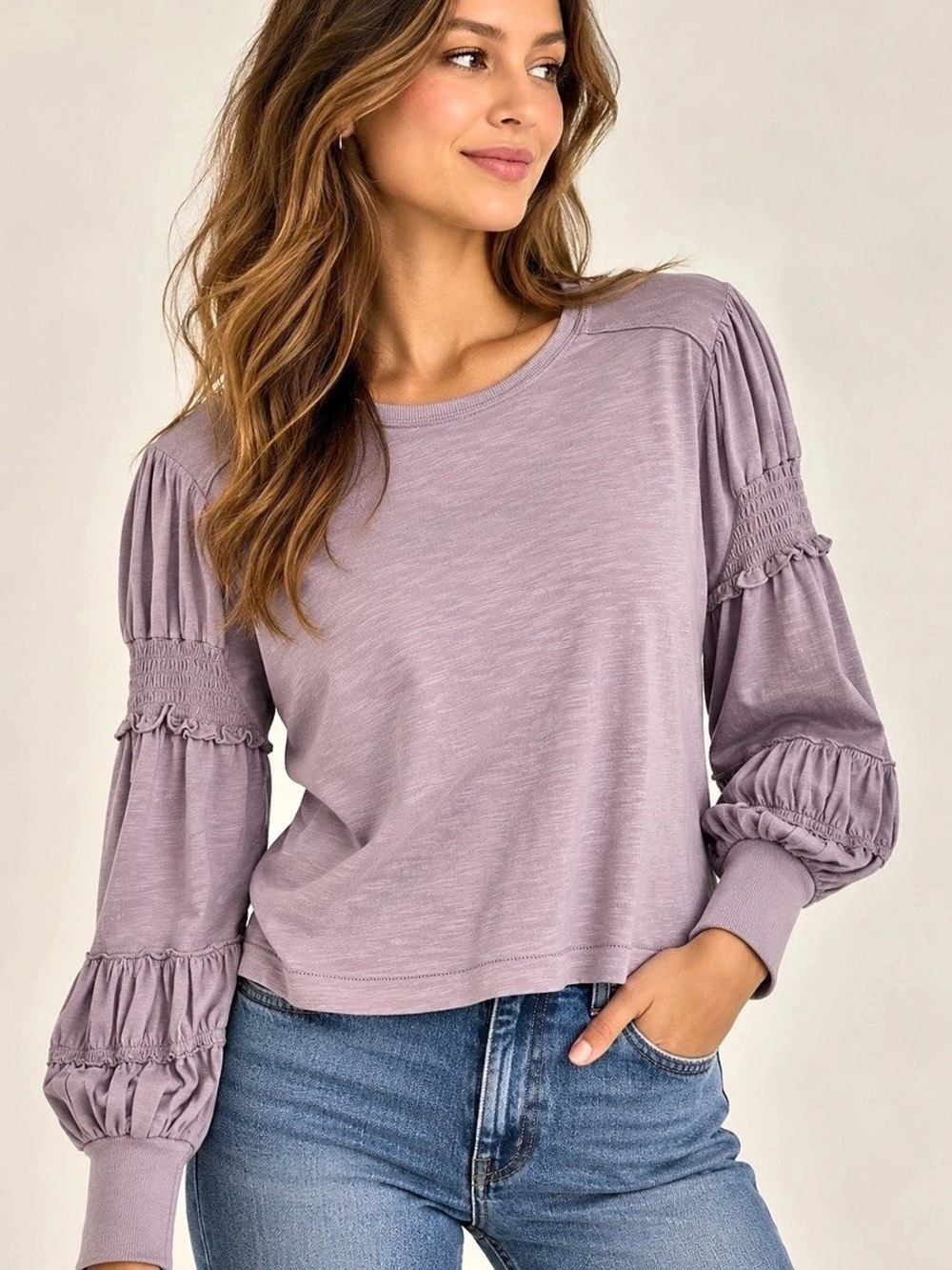 PILCRO by Anthropologie Purple Smocked Sleeve Top Size M